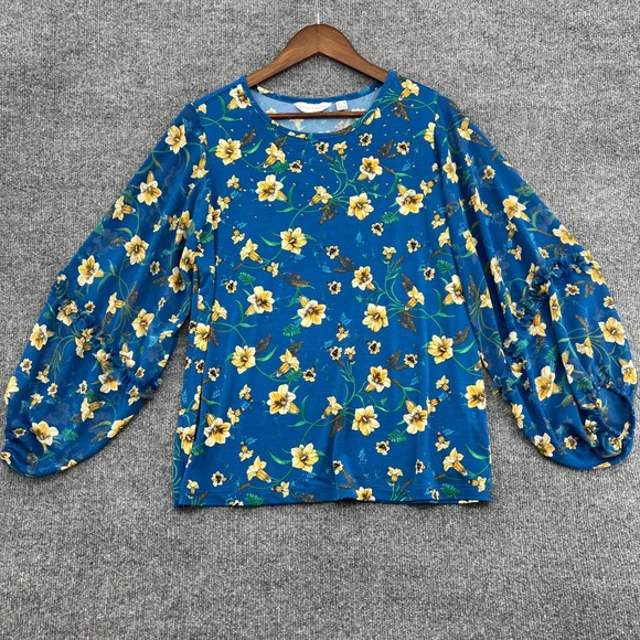 Susan Graver Tops - Floral Rhinestone Puff Sleeve Top Womens Medium Blue Sheer‎ Boho Cottage Party